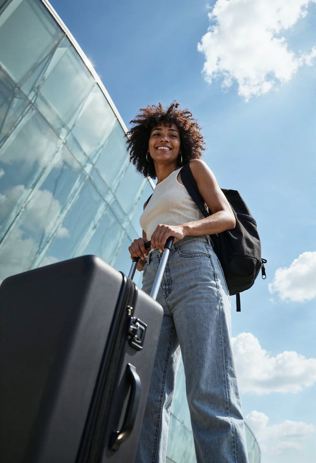 Viajante sorridente com mala e mochila