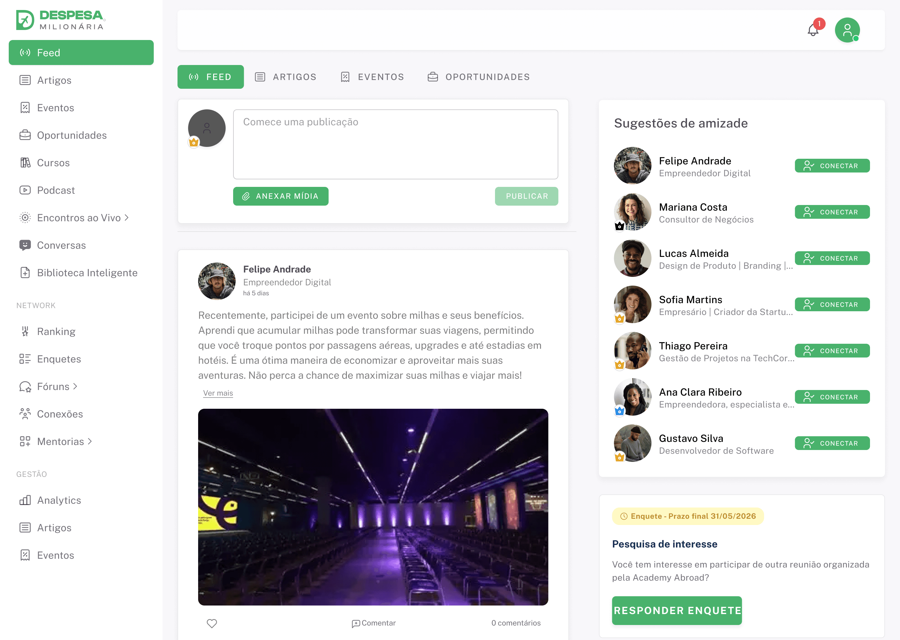 Tela do feed da plataforma Despesa Milionária