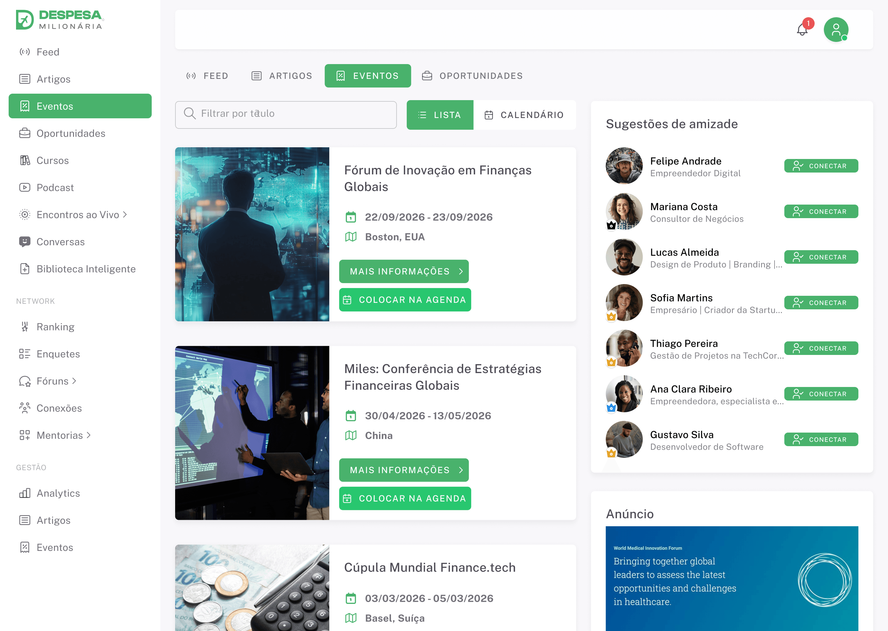 Tela de eventos da plataforma