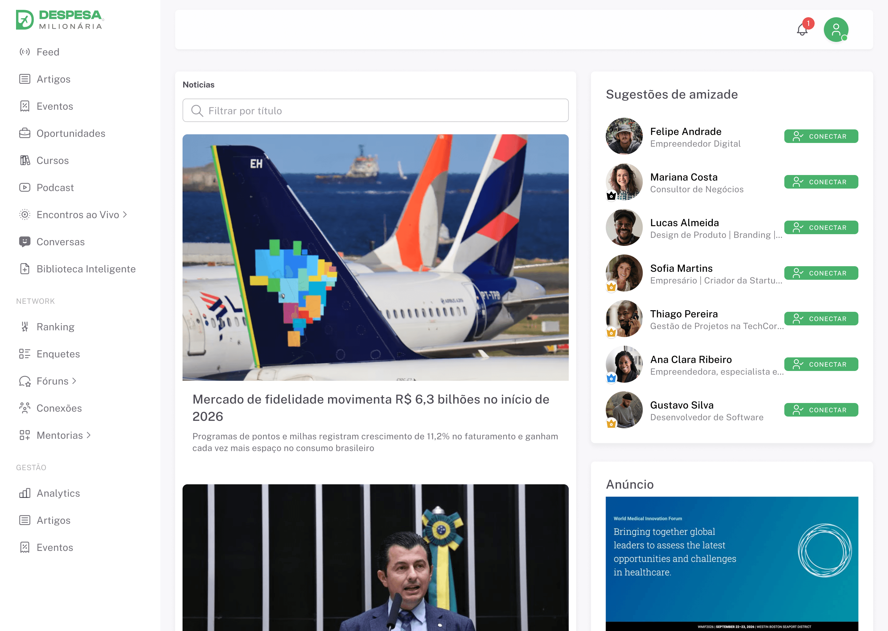 Tela de notícias da plataforma